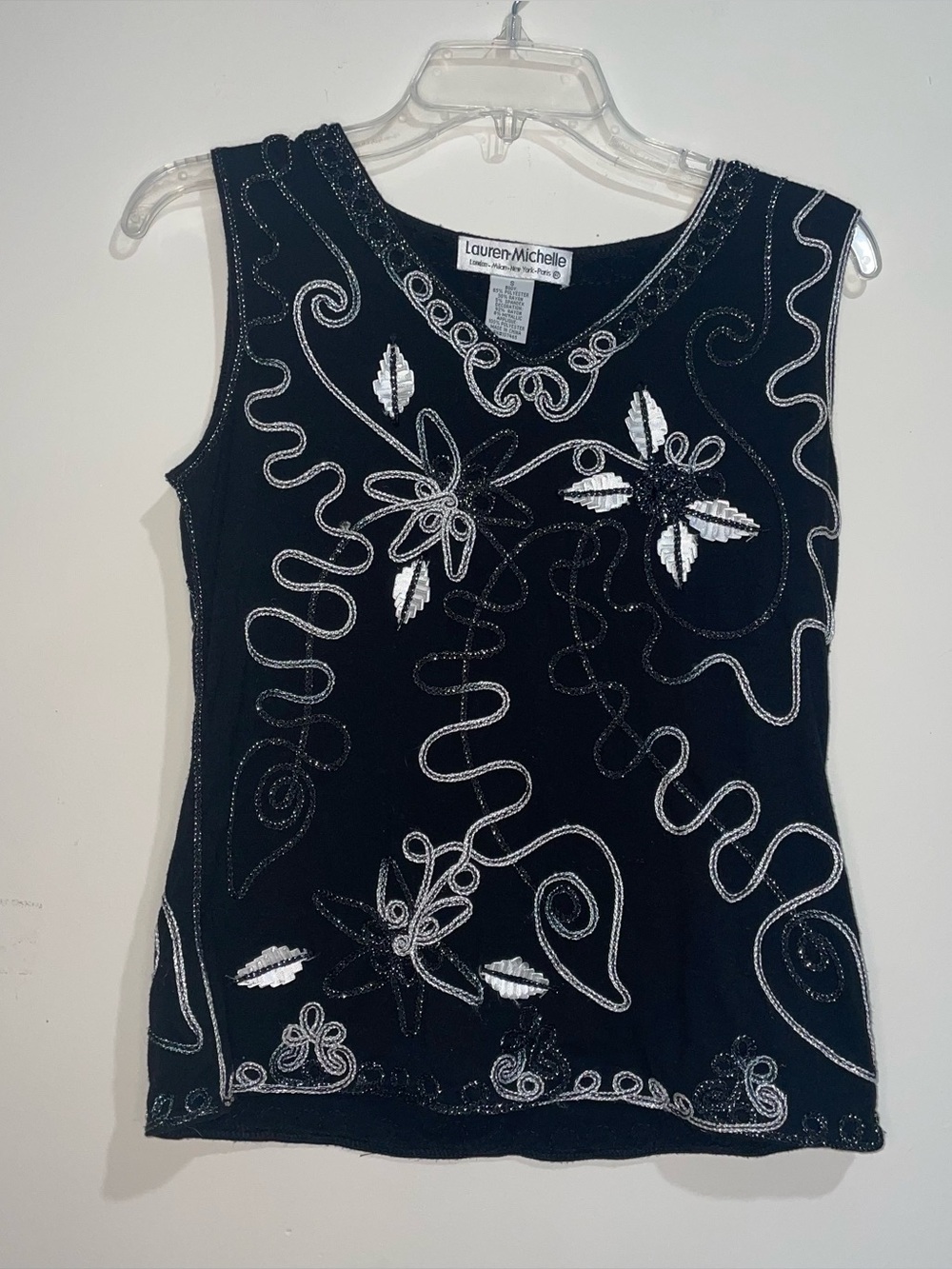 VTG Lauren Michelle Black S Sequin Floral Embroidered Sleeveless Top